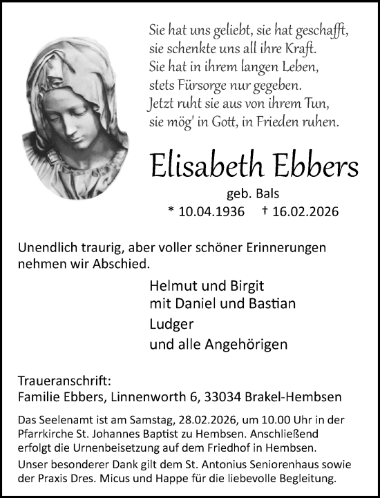 Traueranzeige von Elisabeth Ebbers von Neue Westfälische und Westfalen-Blatt
