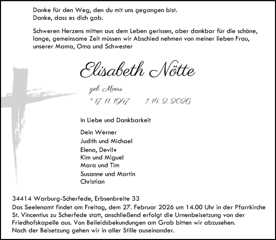 Traueranzeige von Elisabeth Nötte von Neue Westfälische und Westfalen-Blatt