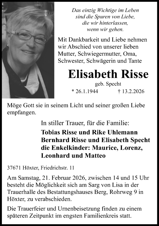 Traueranzeige von Elisabeth Risse von Neue Westfälische und Westfalen-Blatt