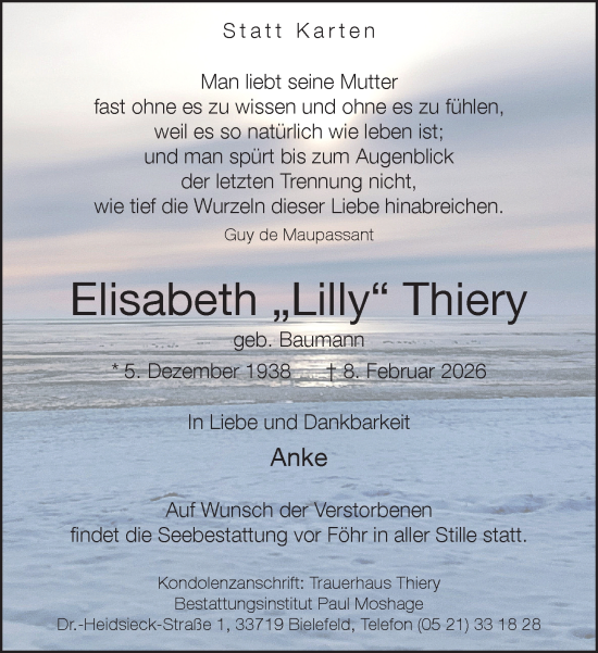 Traueranzeige von Elisabeth Thiery von Neue Westfälische und Westfalen-Blatt