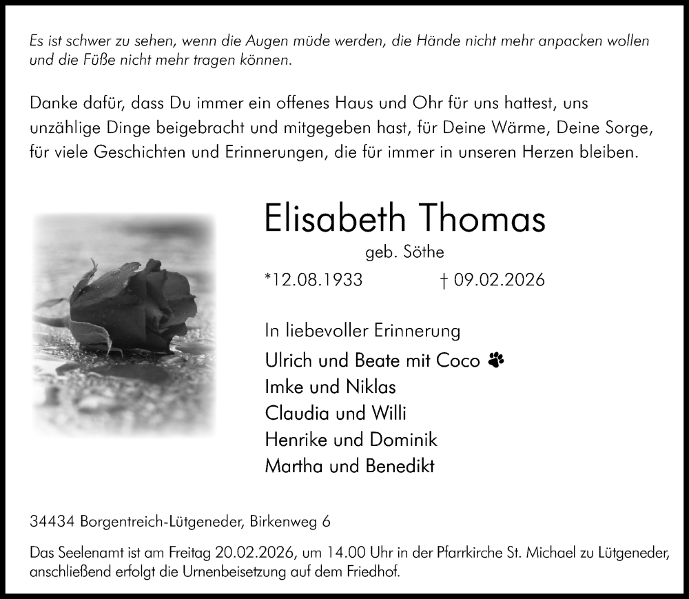  Traueranzeige für Elisabeth Thomas vom 14.02.2026 aus Neue Westfälische und Westfalen-Blatt