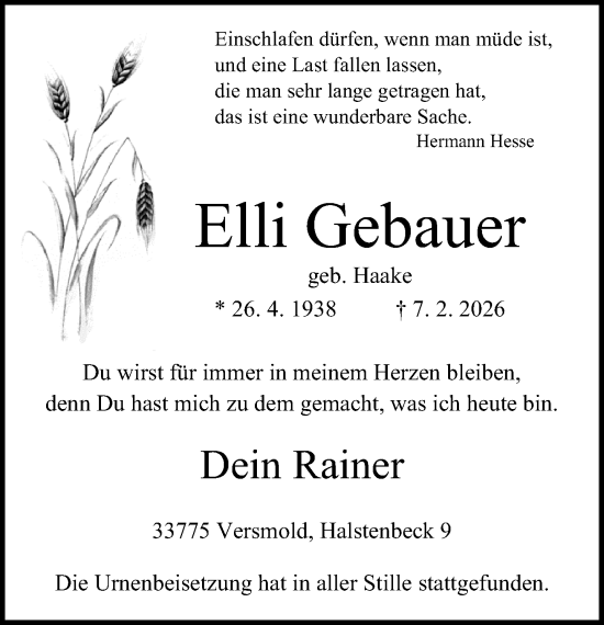 Traueranzeige von Elli Gebauer von Neue Westfälische und Westfalen-Blatt