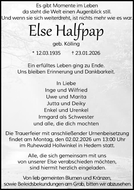 Traueranzeige von Else Halfpap von Neue Westfälische und Westfalen-Blatt