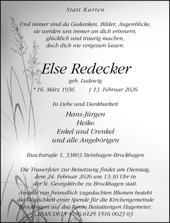 Traueranzeige von Else Redecker von Neue Westfälische und Westfalen-Blatt