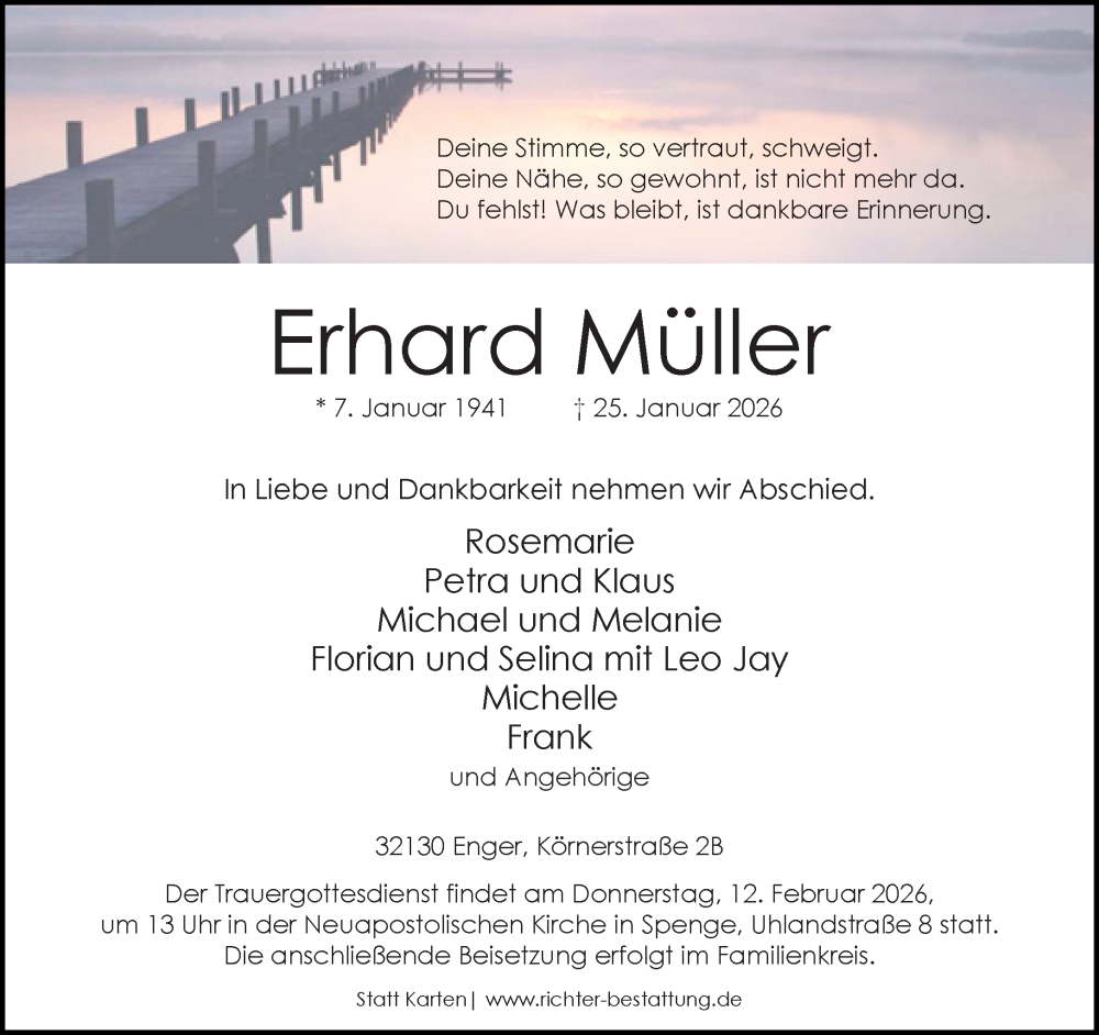  Traueranzeige für Erhard Müller vom 07.02.2026 aus Neue Westfälische und Westfalen-Blatt