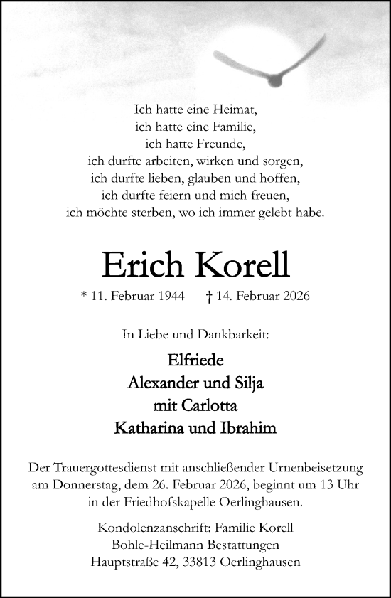 Traueranzeige von Erich Korell von Neue Westfälische und Westfalen-Blatt