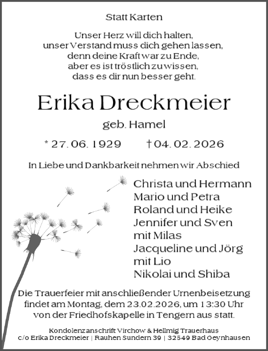 Traueranzeige von Erika Dreckmeier von Neue Westfälische und Westfalen-Blatt
