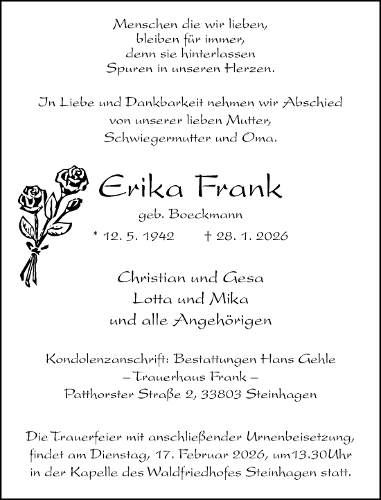 Traueranzeige von Erika Frank von Neue Westfälische und Westfalen-Blatt
