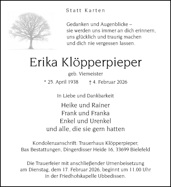 Traueranzeige von Erika Klöpperpieper von Neue Westfälische und Westfalen-Blatt