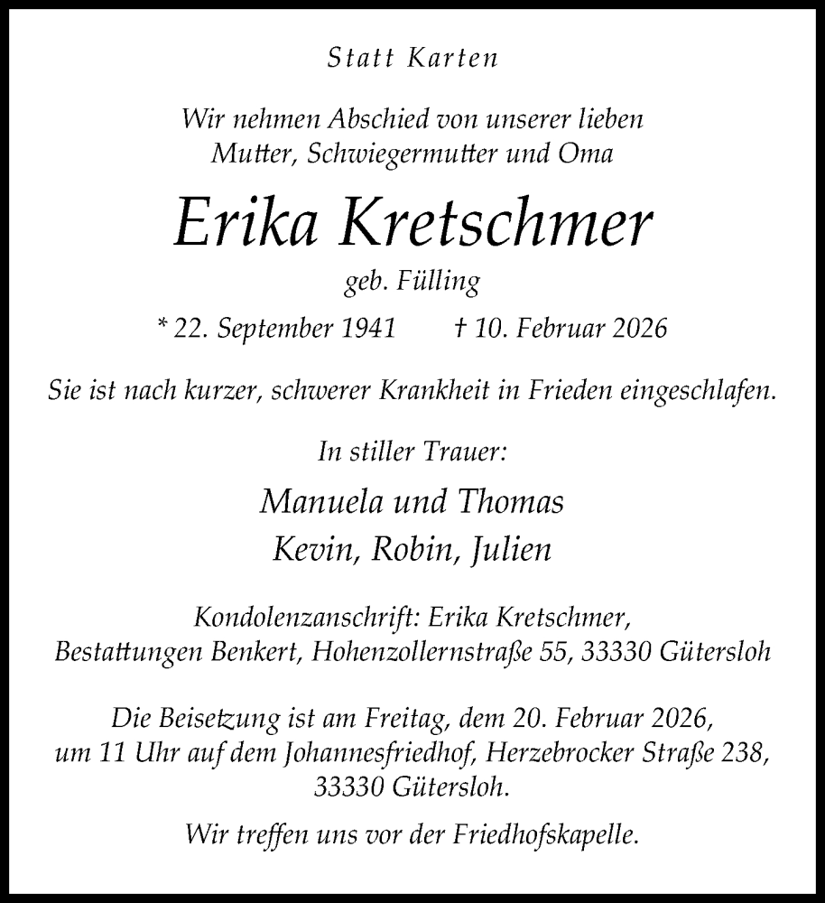  Traueranzeige für Erika Kretschmer vom 14.02.2026 aus Neue Westfälische und Westfalen-Blatt