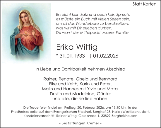 Traueranzeige von Erika Wittig von Neue Westfälische und Westfalen-Blatt