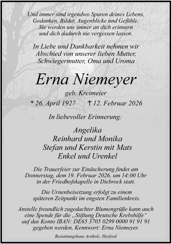 Traueranzeige von Erna Niemeyer von Neue Westfälische und Westfalen-Blatt