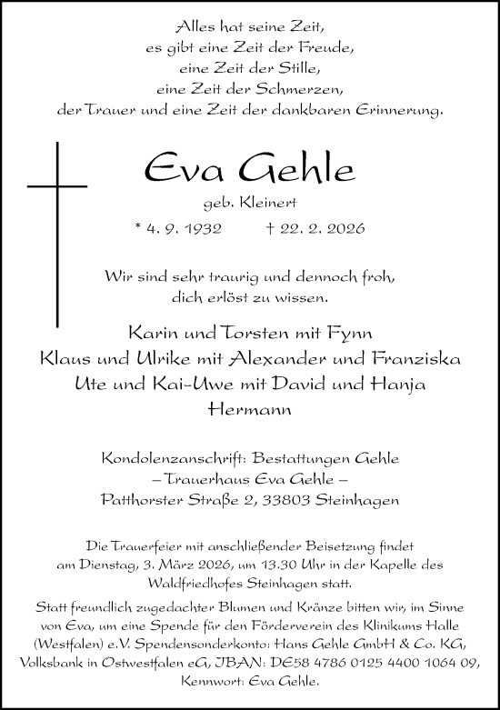 Traueranzeige von Eva Gehle von Neue Westfälische und Westfalen-Blatt