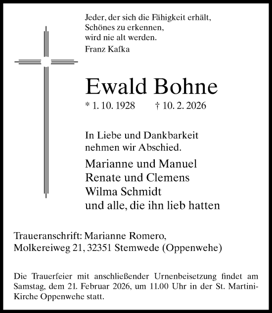 Traueranzeige von Ewald Bohne von Neue Westfälische und Westfalen-Blatt