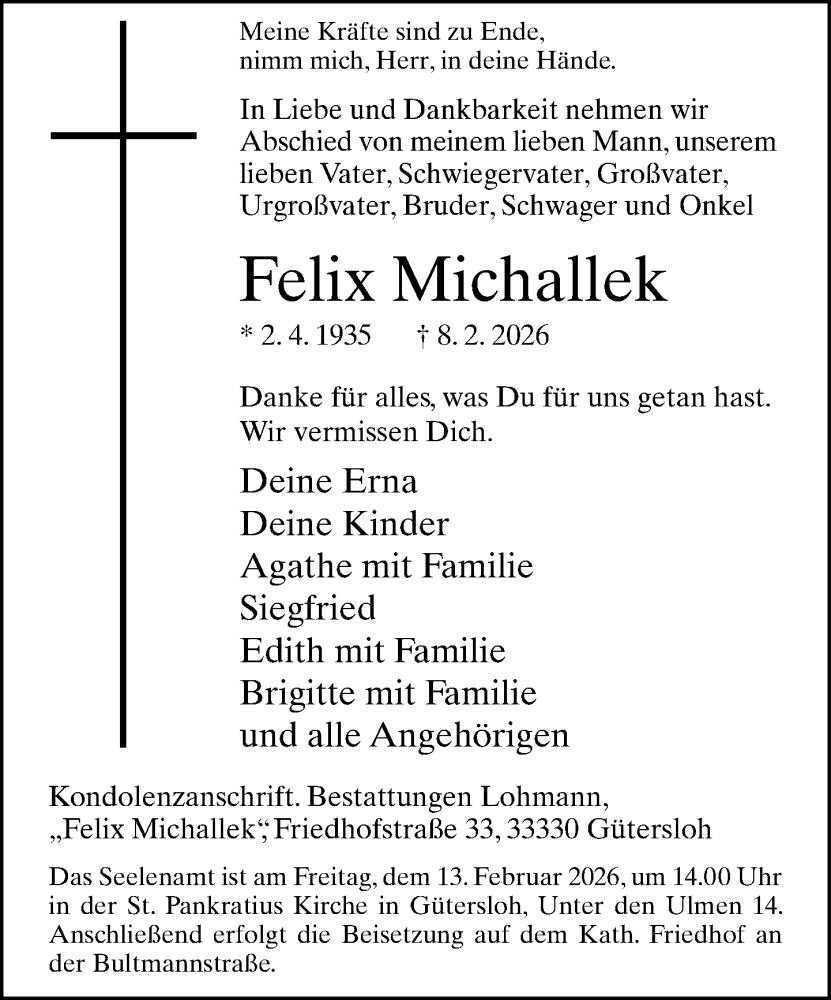 Traueranzeige für Felix Michallek vom 10.02.2026 aus Neue Westfälische und Westfalen-Blatt
