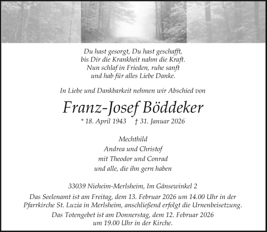 Traueranzeige von Franz-Josef Böddeker von Neue Westfälische und Westfalen-Blatt