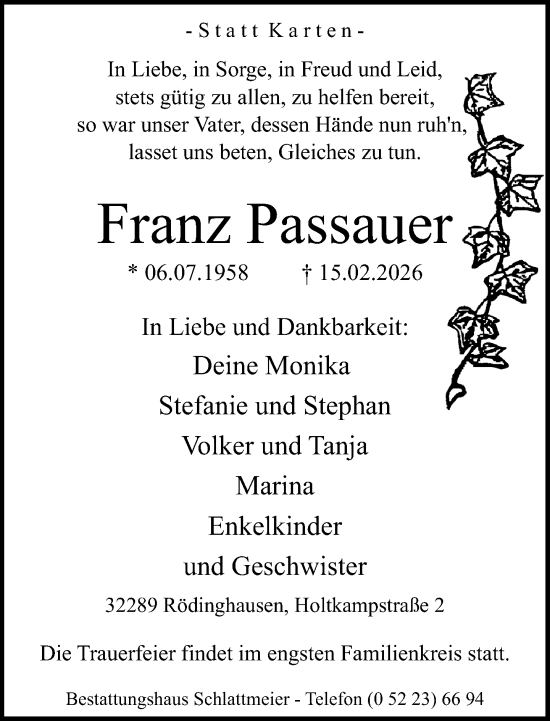 Traueranzeige von Franz Passauer von Neue Westfälische und Westfalen-Blatt