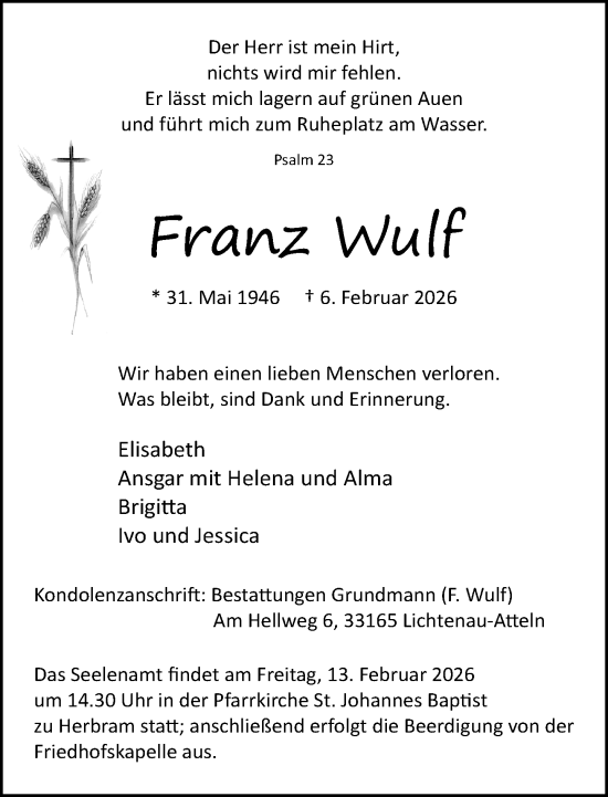 Traueranzeige von Franz Wulf von Neue Westfälische und Westfalen-Blatt