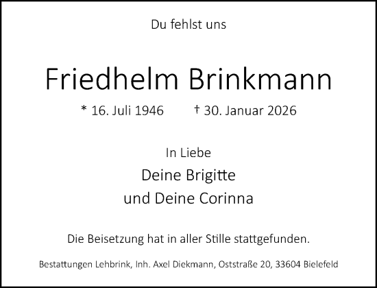 Traueranzeige von Friedhelm Brinkmann von Neue Westfälische und Westfalen-Blatt