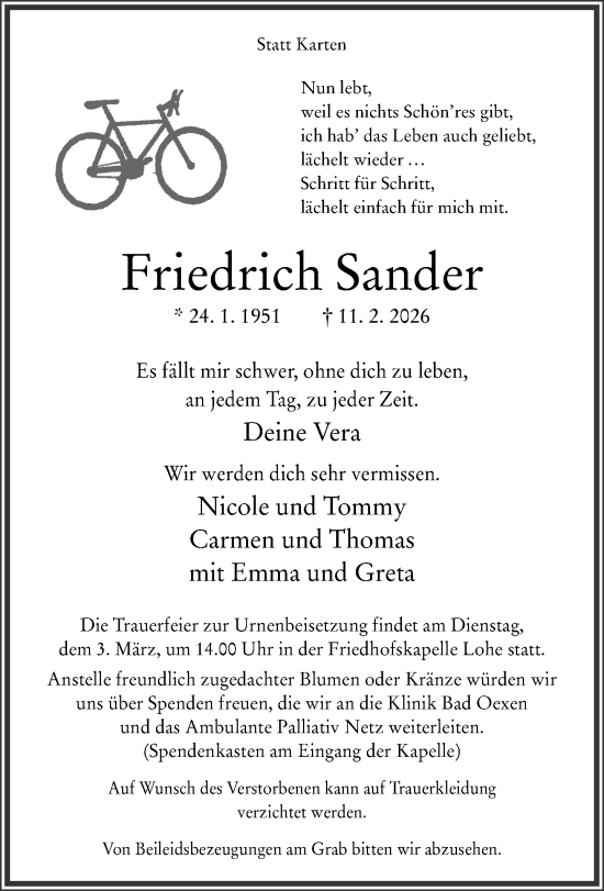 Traueranzeige von Friedrich Sander von Neue Westfälische und Westfalen-Blatt
