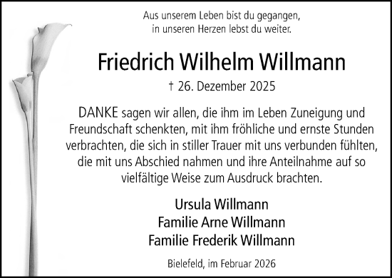 Traueranzeige von Friedrich Wilhelm Willmann von Neue Westfälische und Westfalen-Blatt
