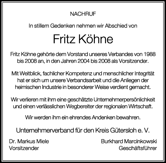 Traueranzeige von Fritz Köhne von Neue Westfälische und Westfalen-Blatt