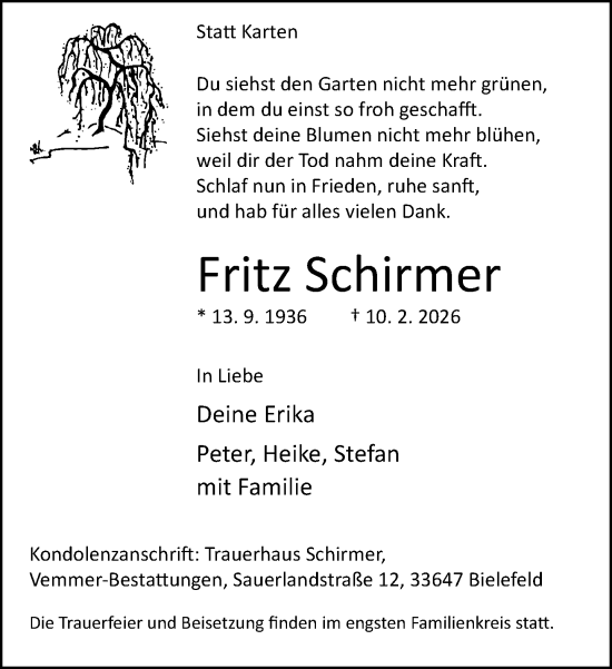 Traueranzeige von Fritz Schirmer von Neue Westfälische und Westfalen-Blatt
