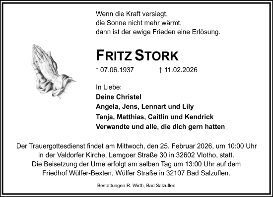 Traueranzeige von Fritz Stork von Neue Westfälische und Westfalen-Blatt