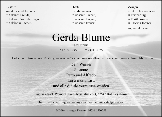 Traueranzeige von Gerda Blume von Neue Westfälische und Westfalen-Blatt
