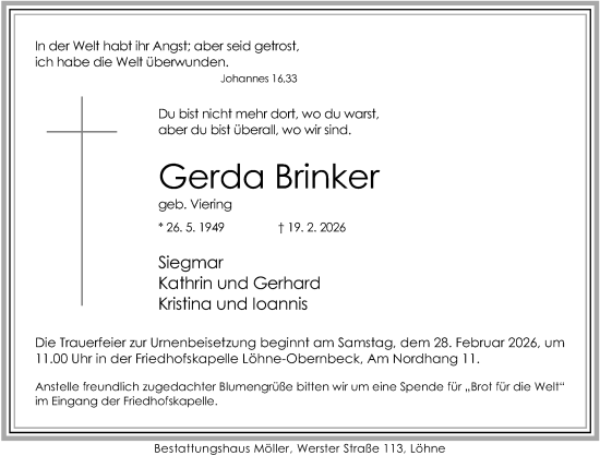 Traueranzeige von Gerda Brinker von Neue Westfälische und Westfalen-Blatt