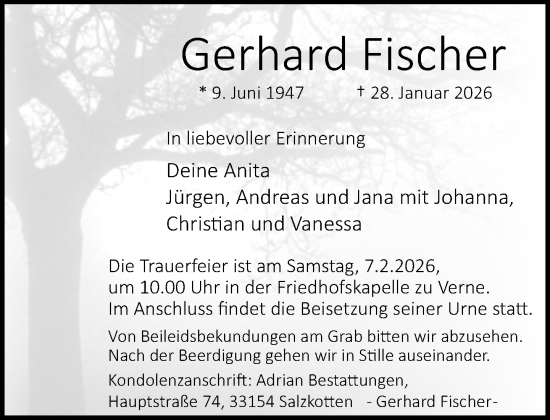 Traueranzeige von Gerhard Fischer von Neue Westfälische und Westfalen-Blatt