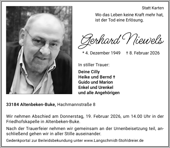 Traueranzeige von Gerhard Niewels von Neue Westfälische und Westfalen-Blatt