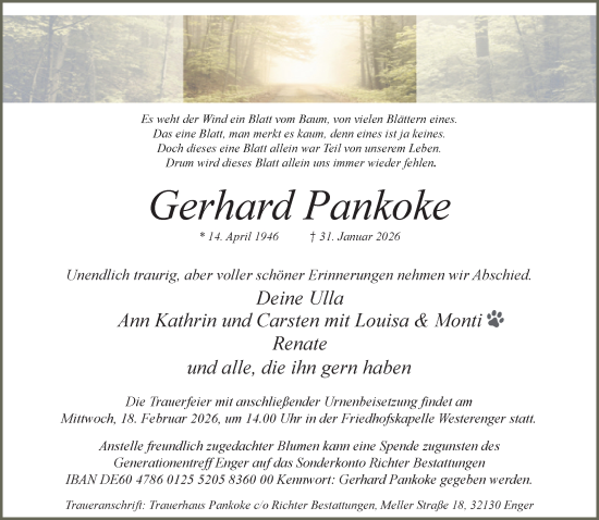Traueranzeige von Gerhard Pankoke von Neue Westfälische und Westfalen-Blatt