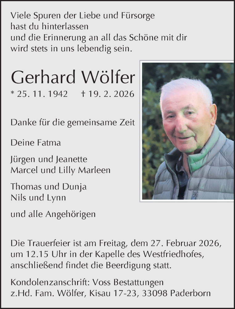  Traueranzeige für Gerhard Wölfer vom 24.02.2026 aus Neue Westfälische und Westfalen-Blatt