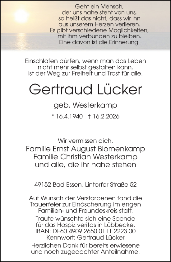 Traueranzeige von Gertraud Lücker von Neue Westfälische und Westfalen-Blatt
