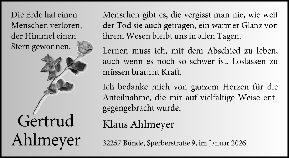  Traueranzeige für Gertrud Ahlmeyer vom 27.01.2026 aus Neue Westfälische und Westfalen-Blatt