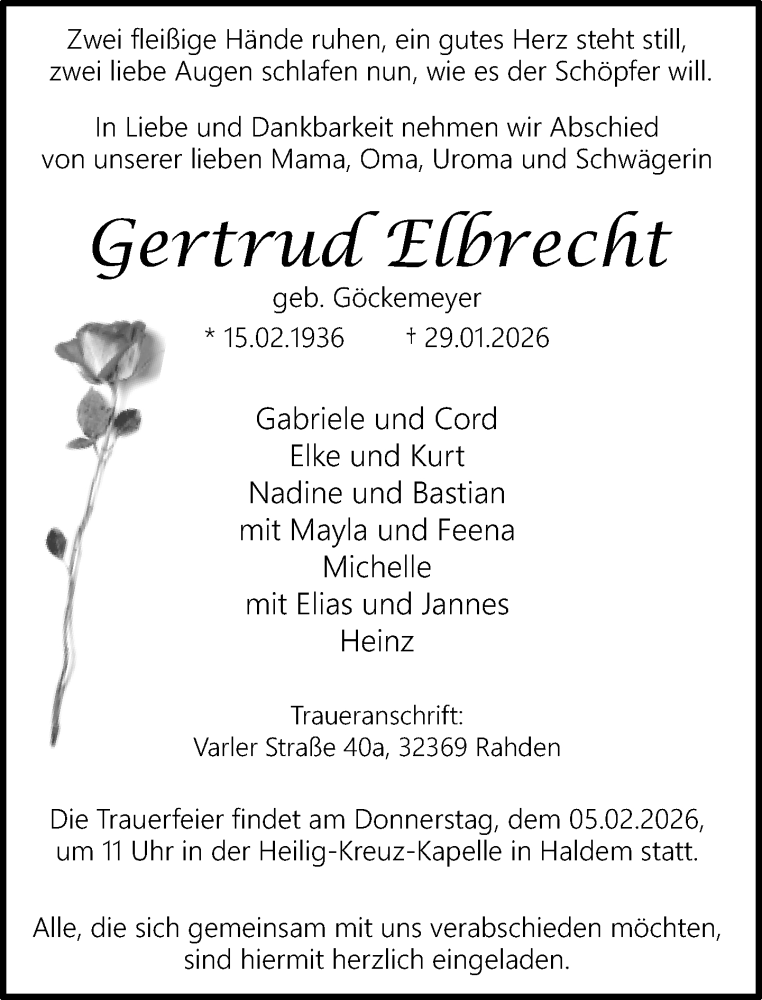  Traueranzeige für Gertrud Elbrecht vom 03.02.2026 aus Neue Westfälische und Westfalen-Blatt
