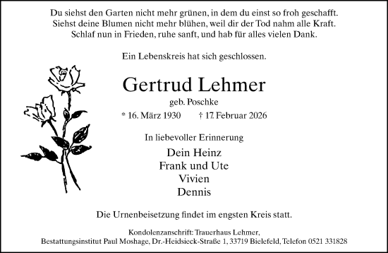 Traueranzeige von Gertrud Lehmer von Neue Westfälische und Westfalen-Blatt