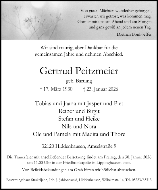 Traueranzeige von Gertrud Peitzmeier von Neue Westfälische und Westfalen-Blatt