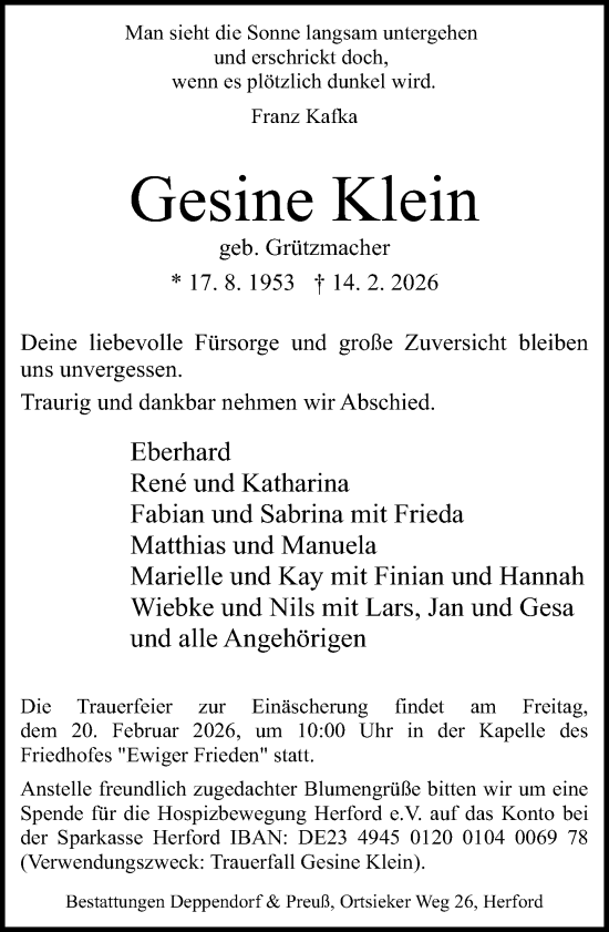 Traueranzeige von Gesine Klein von Neue Westfälische und Westfalen-Blatt