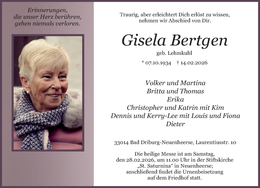  Traueranzeige für Gisela Bertgen vom 21.02.2026 aus Neue Westfälische und Westfalen-Blatt
