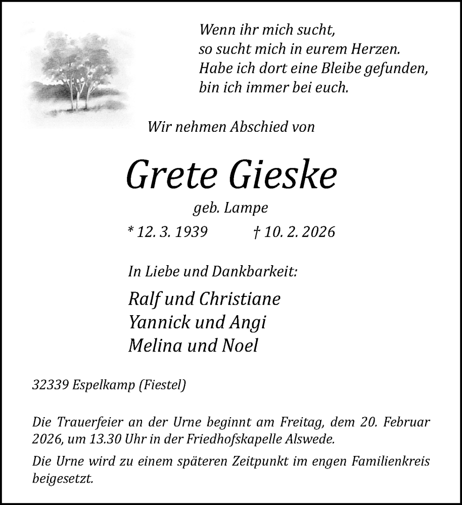  Traueranzeige für Grete Gieske vom 14.02.2026 aus Neue Westfälische und Westfalen-Blatt