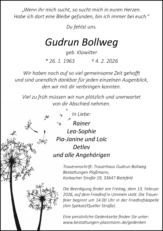 Traueranzeige von Gudrun Bollweg von Neue Westfälische und Westfalen-Blatt
