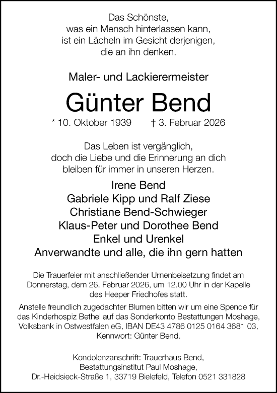Traueranzeige von Günter Bend von Neue Westfälische und Westfalen-Blatt