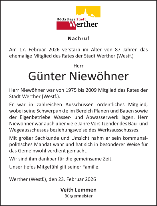 Traueranzeige von Günter Niewöhner von Neue Westfälische und Westfalen-Blatt
