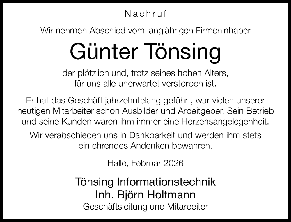  Traueranzeige für Günter Tönsing vom 07.02.2026 aus Neue Westfälische und Westfalen-Blatt