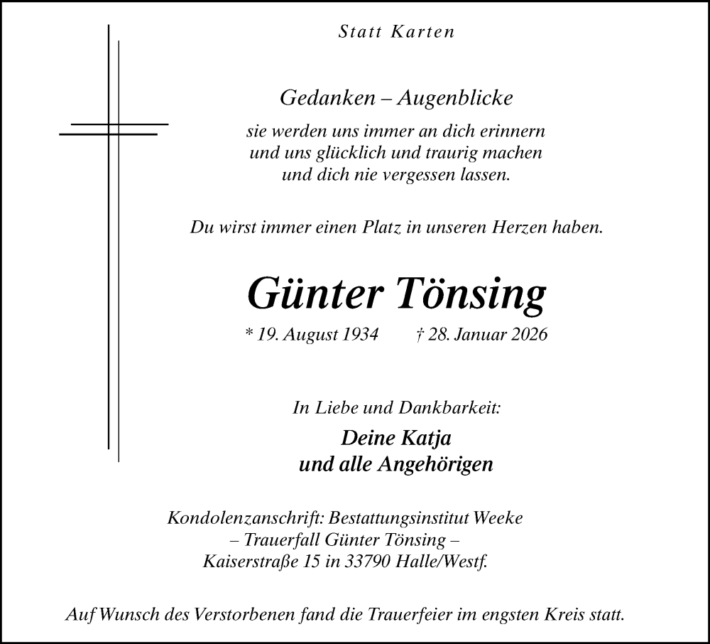  Traueranzeige für Günter Tönsing vom 07.02.2026 aus Neue Westfälische und Westfalen-Blatt
