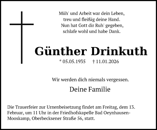 Traueranzeige von Günther Drinkuth von Neue Westfälische und Westfalen-Blatt