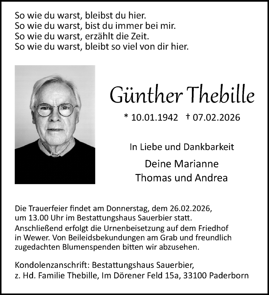  Traueranzeige für Günther Thebille vom 21.02.2026 aus Neue Westfälische und Westfalen-Blatt