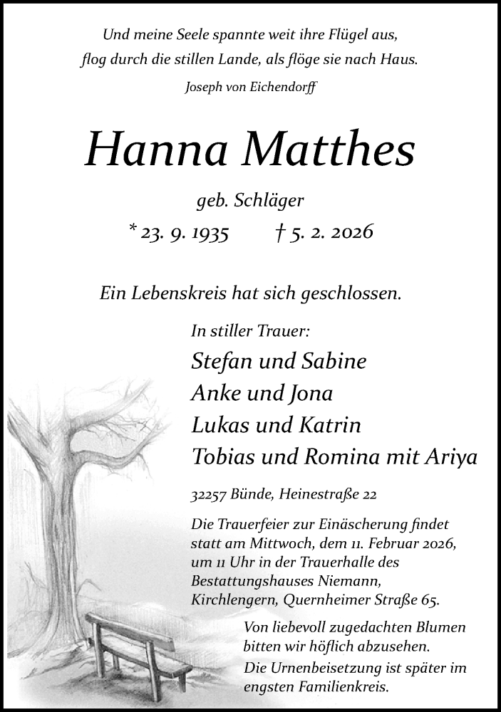  Traueranzeige für Hanna Matthes vom 09.02.2026 aus Neue Westfälische und Westfalen-Blatt
